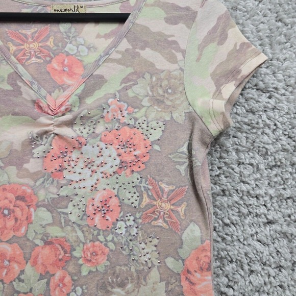 One World Shirt Womens Medium Floral Roses Embellished V-Neck Y2K READ - Picture 3 of 10